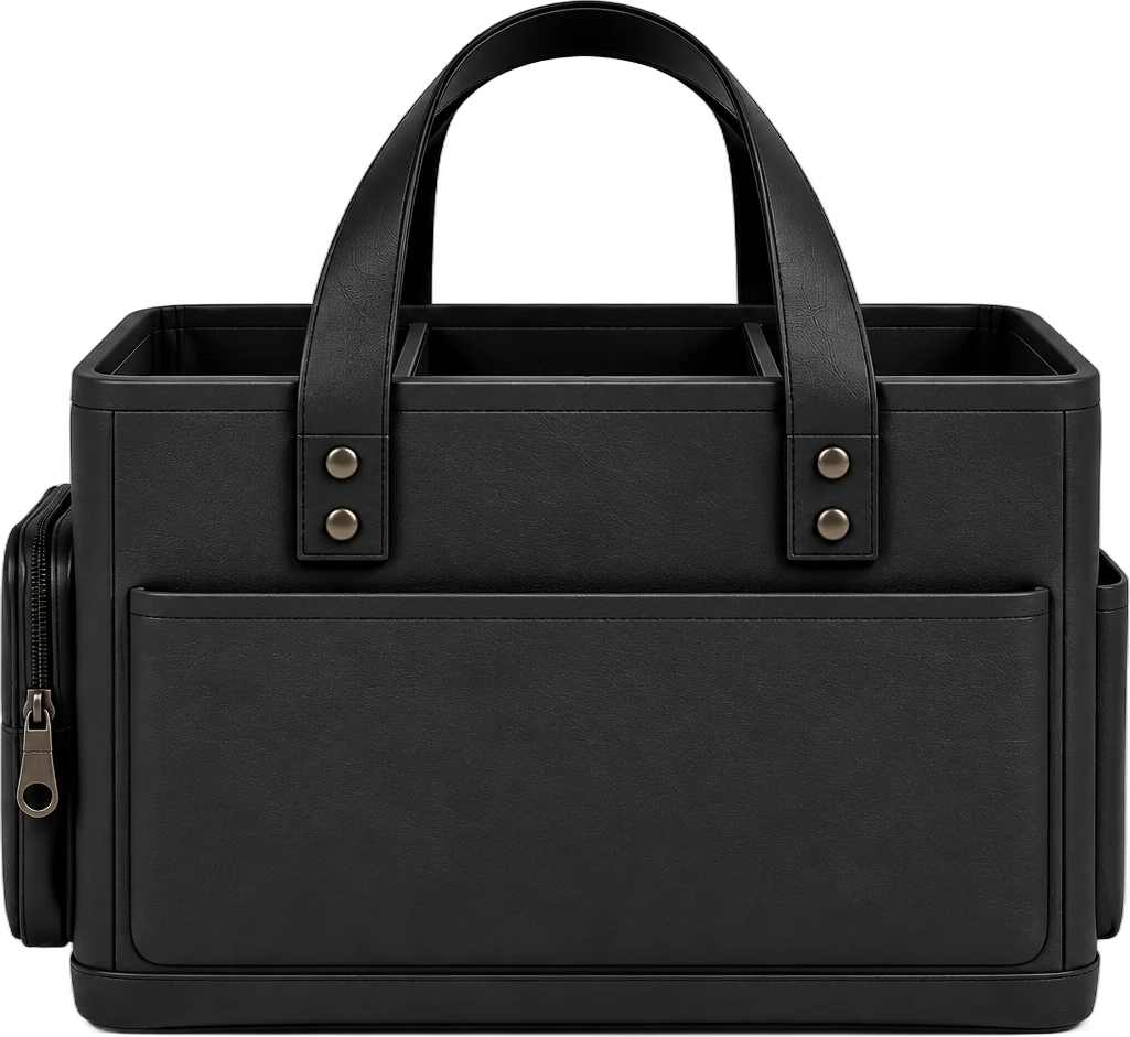 Hey, Caddy from the back, plain black with two champagne studs on each handle