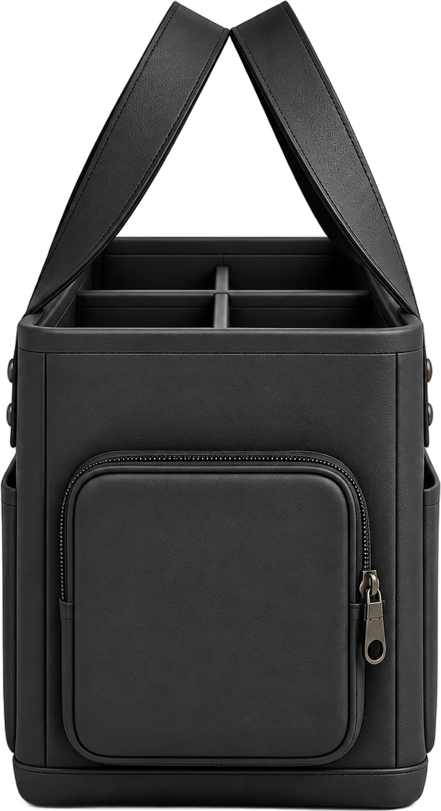 Hey, Caddy from the side, showing the zip pocket and the four-way divided top